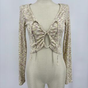 Le Lis Long Sleeve Cropped Tie-Front Top, Sz Small, Green Space Dye Festival